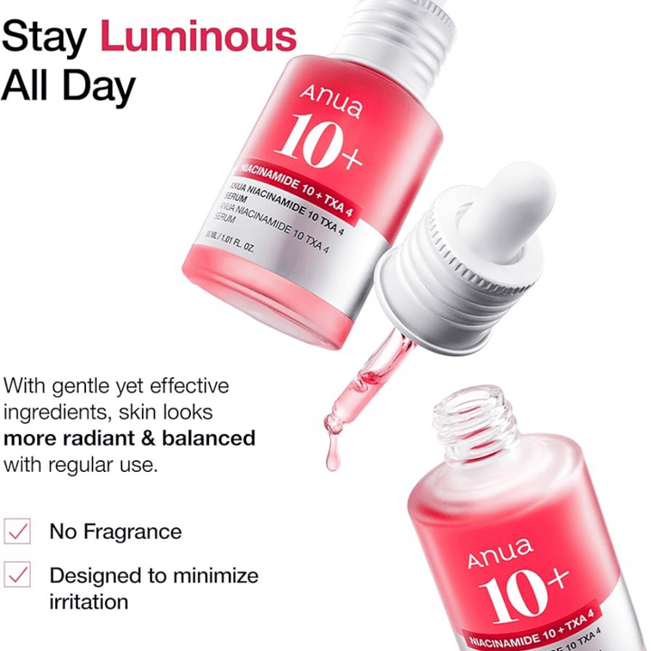 Högeffektivt serum med 10% niacinamid och 4% tranexamsyra för en jämnare, strålande hudton. Parfymfri formula som minimerar irritation och balanserar huden.