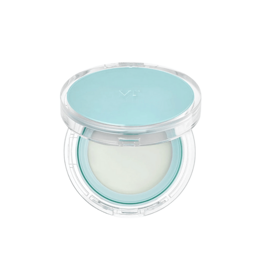 Öppen burk med VT PDRN Essence Glow Sun Pact. Den har en vit inre yta med en blå lock, designad för att ge ett strålande resultat på huden.