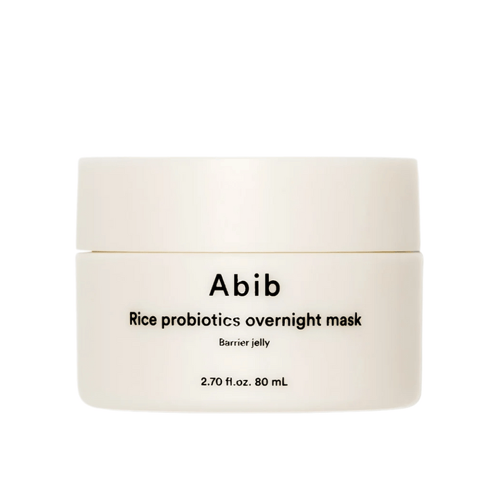 Produktbild på Abib Rice Probiotics Overnight Mask Barrier Jelly – en vit burk med svart text som innehåller 80 ml nattmask för att stärka hudbarriären och återfukta huden.