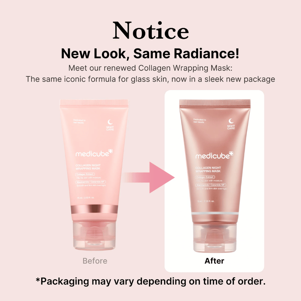 Nytt utseende, samma strålande resultat! Medicube Collagen Wrapping Mask har nu en förnyad, stilren förpackning men behåller sin ikoniska formula för glasig hud. *Förpackningen kan variera beroende på beställningstillfälle.