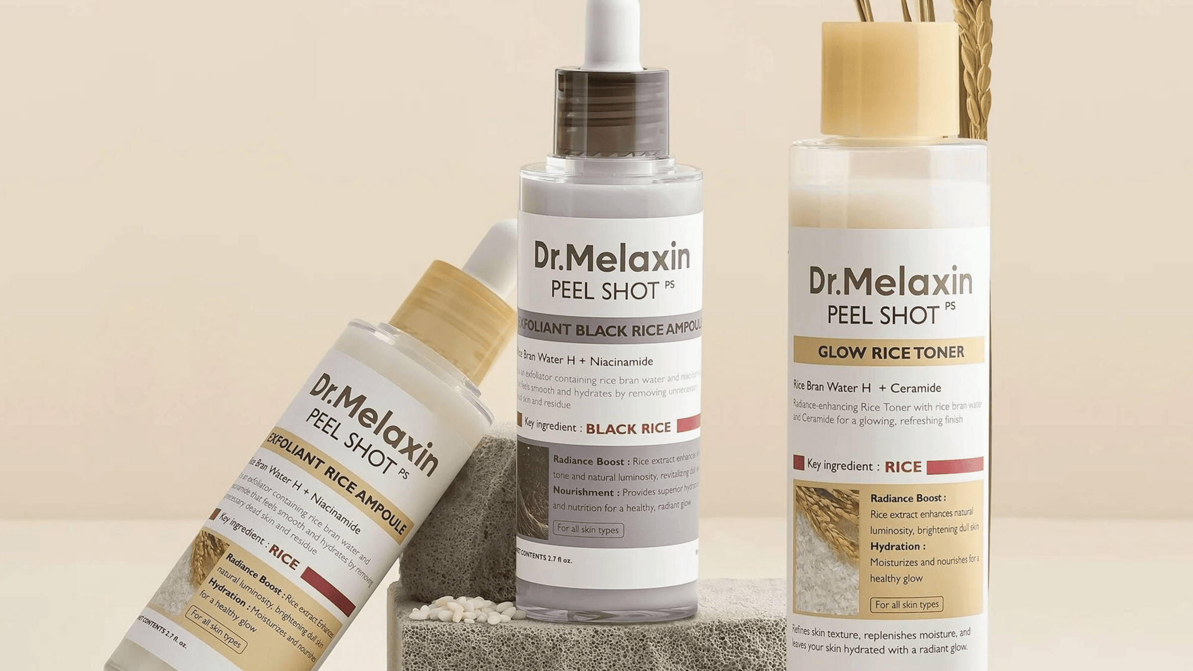 Dr. Melaxin Peel Shot hudvårdsprodukter med risbaserade ingredienser, inklusive exfolierande rice ampoule och glow rice toner, som jämnar ut hudtexturen, ger lyster och återfuktar huden skonsamt.