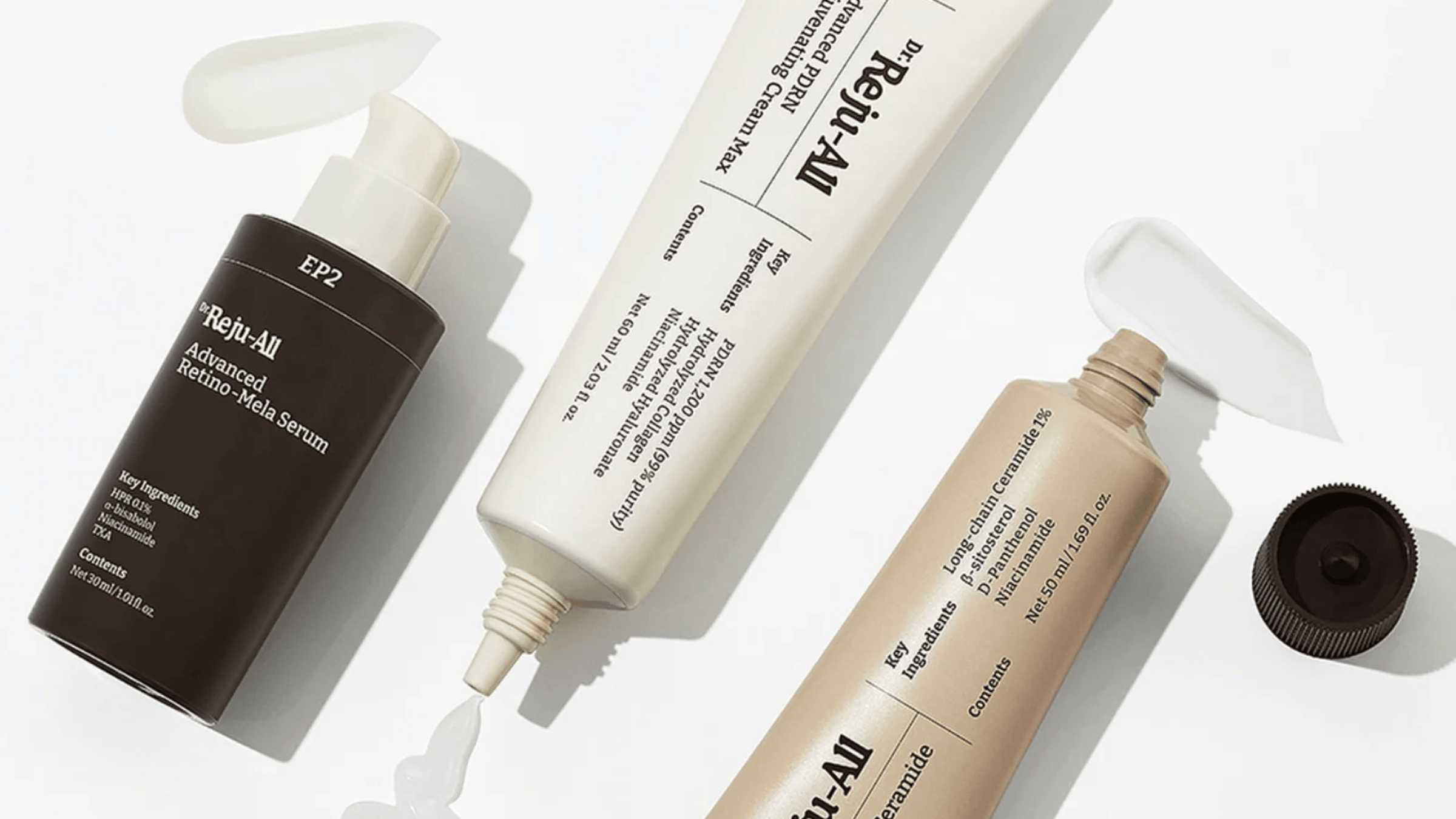 Dr. Reju-All hudvårdsprodukter – Reju-All Advanced Retino-Mela Serum och balanserande ansiktskräm med aktiva ingredienser mot pigmentering och ojämn hudton.