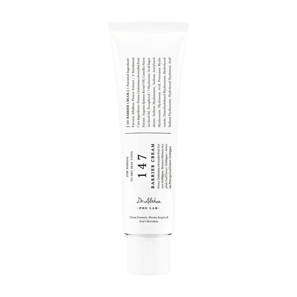 The image shows a tube of Dr. Althea's "147 Barrier Cream". The packaging is simple and stylish with a white base and black text. The text on the tube provides information about the product, including its function as a barrier cream, and mentions that it is a pure formula, dermatologically inspired and intended for "cell liberation". It appears to be a skincare product designed to strengthen the skin's natural protective barrier.