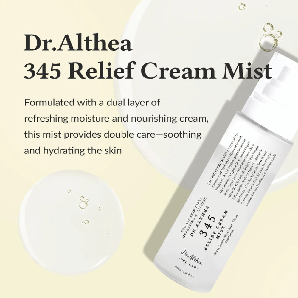 Product image of Dr. Althea 345 Relief Cream Mist with a description of the calming and hydrating formula that provides double skincare in a single spray step.