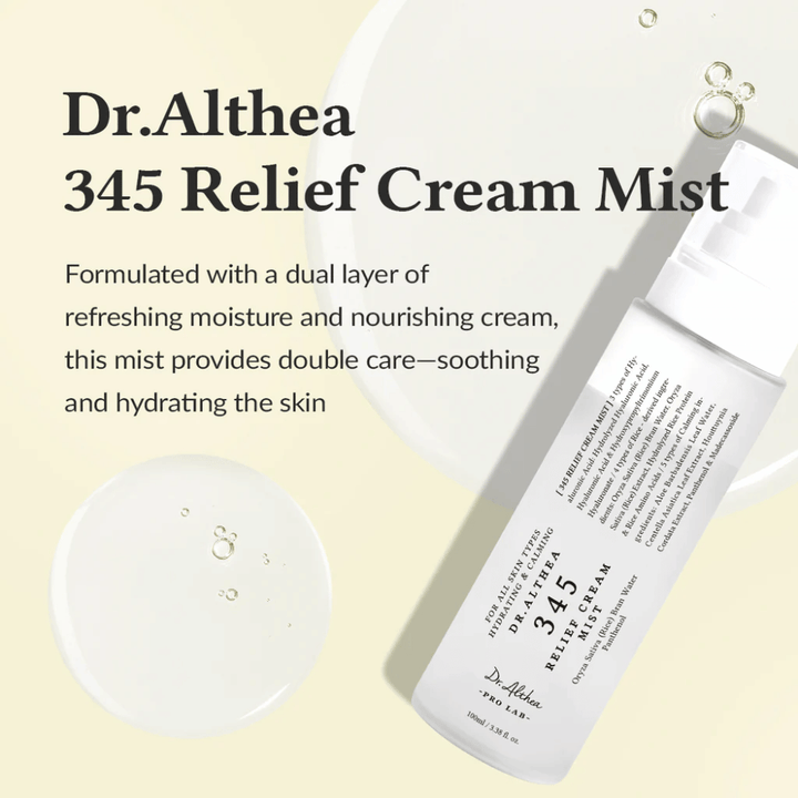 Product image of Dr. Althea 345 Relief Cream Mist with a description of the calming and hydrating formula that provides double skincare in a single spray step.