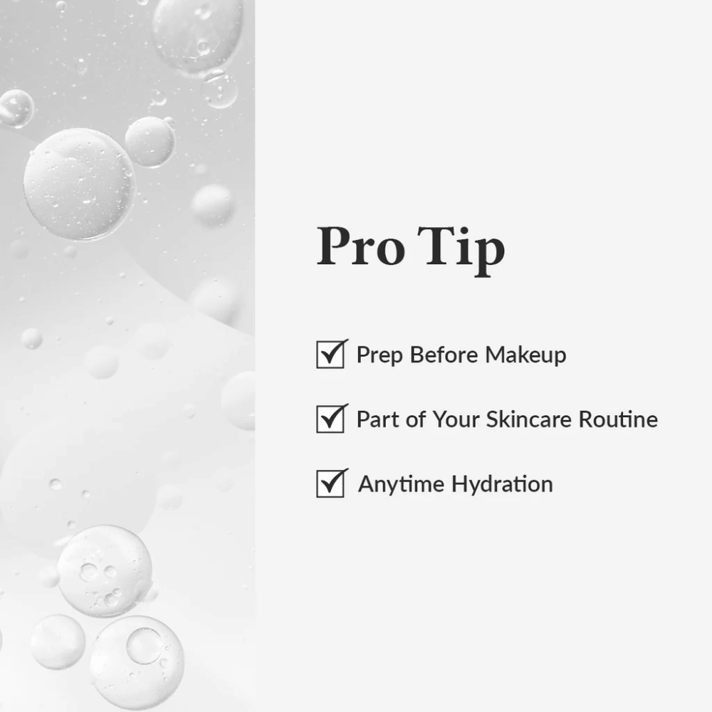 Pro Tip graphic showing how Dr. Althea 345 Relief Cream Mist is used for hydration before makeup, as part of the skincare routine, or at any time during the day.