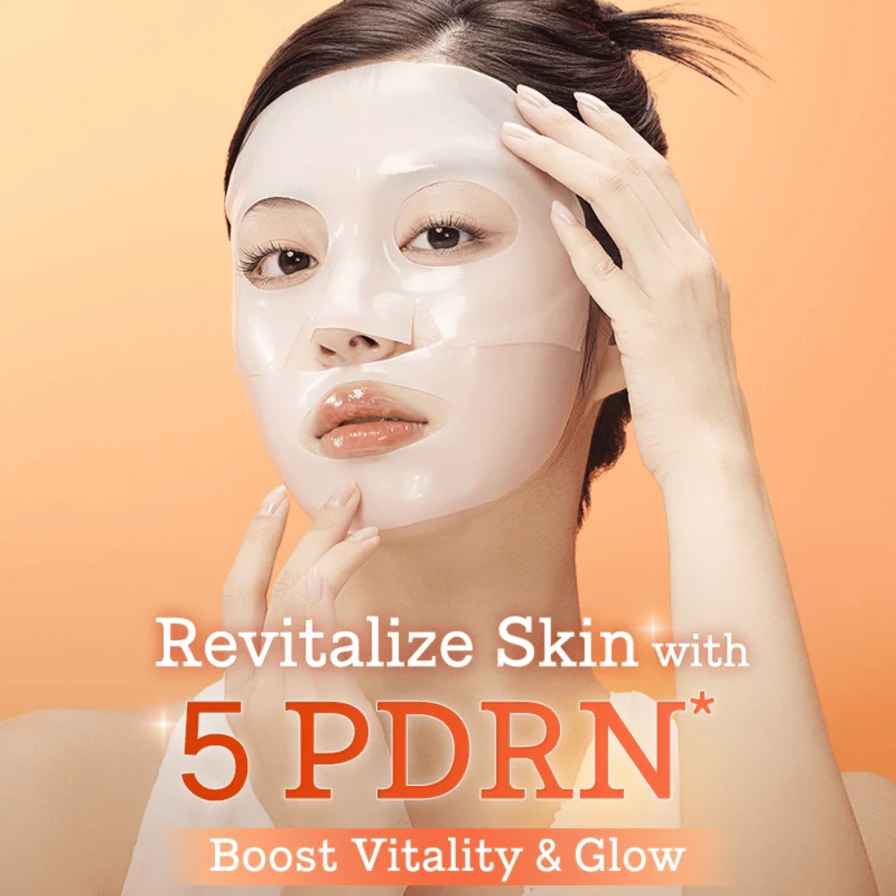 COSRX 5 PDRN Hyaluronic Acid Vital Hydrating Hydrogel Mask applied on the face for revitalized skin, increased radiance, and intensive hydration