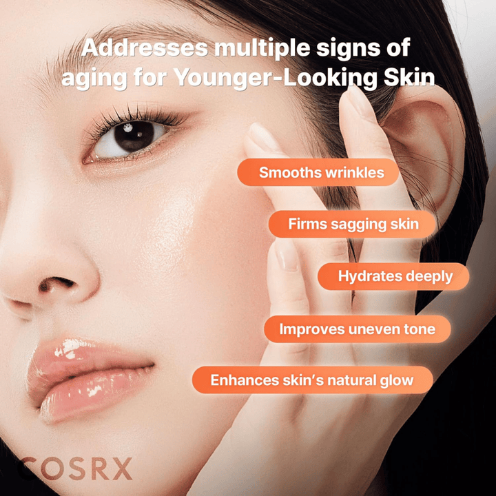 Skincare serum from COSRX that reduces wrinkles, deeply moisturizes, and improves skin tone for an even and radiant complexion