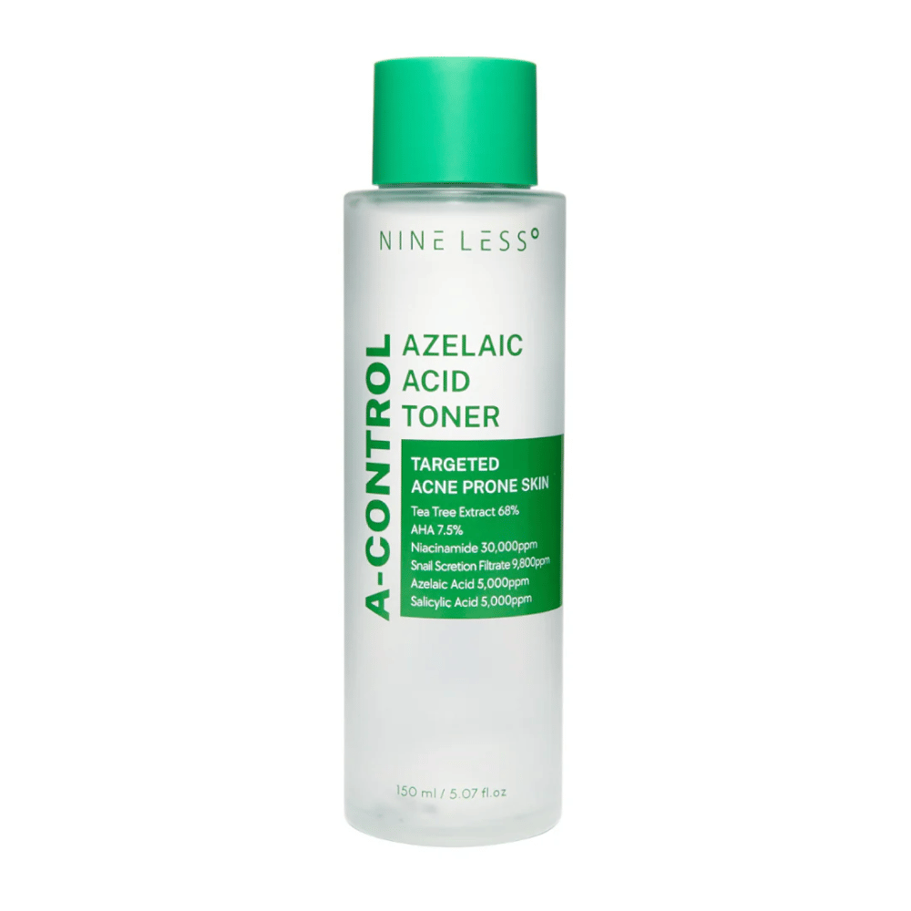Product image of Nine Less A-Control Azelaic Acid Toner 150 ml in a transparent bottle with a green label and green cap.
