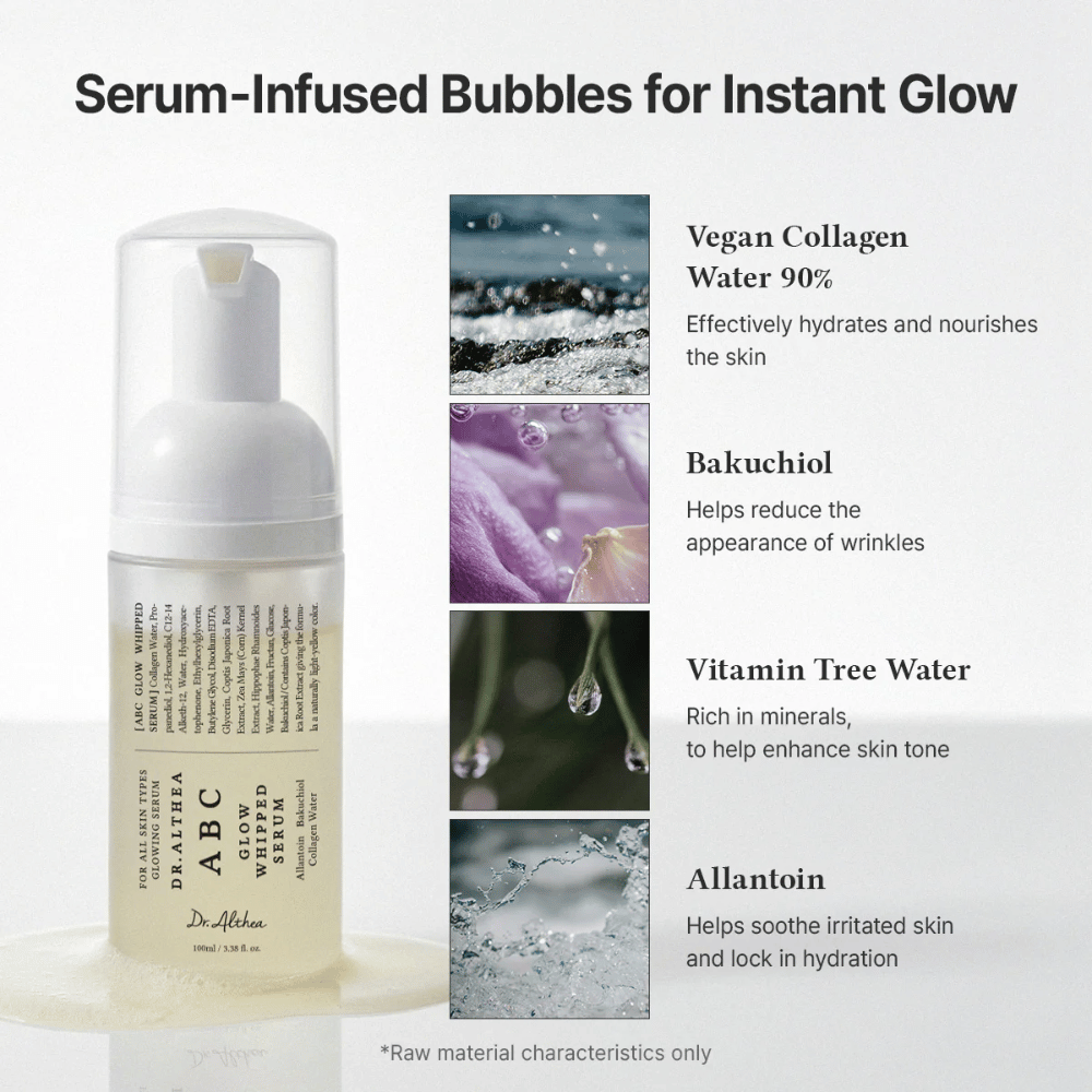 Image – ingredients (EEAT + ranking)
Dr. Althea ABC Glow Whipped Serum with vegan collagen, bakuchiol, vitamin tree water, and allantoin that moisturize, soothe, and improve the skin's texture.