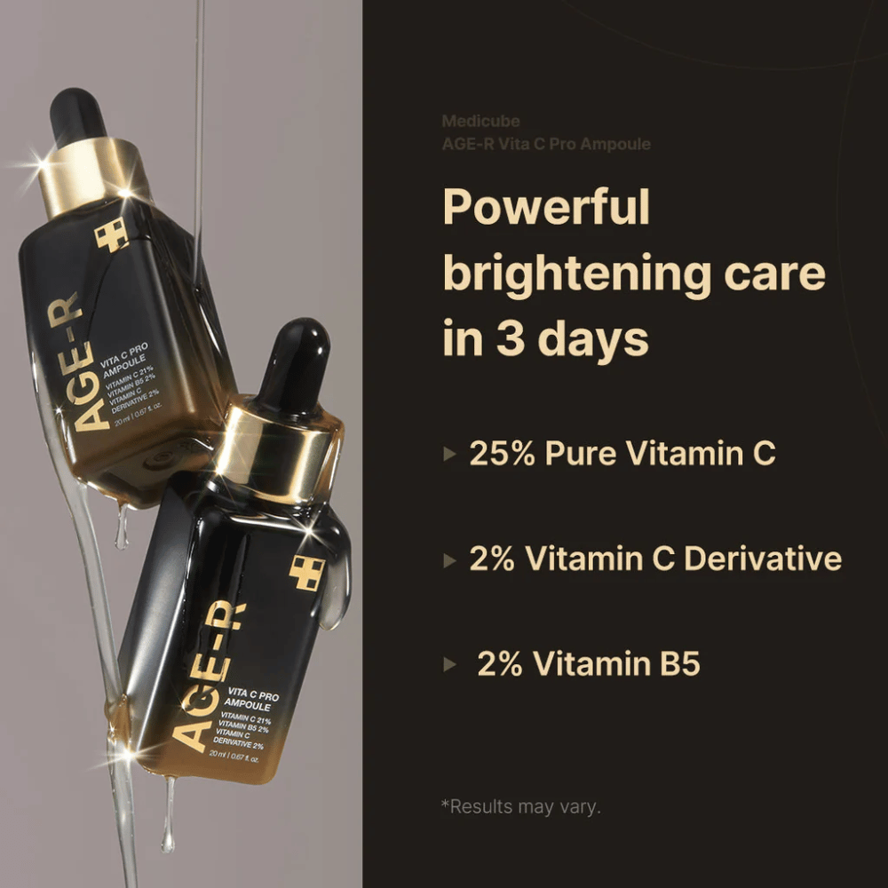 Image of Medicube Age-R Vita C Pro Ampoule highlighting the product's brightening effect within 3 days. The product contains 25% pure vitamin C, 2% vitamin C derivative, and 2% vitamin B5. The bottles are shown with gold details and a dropper for application.