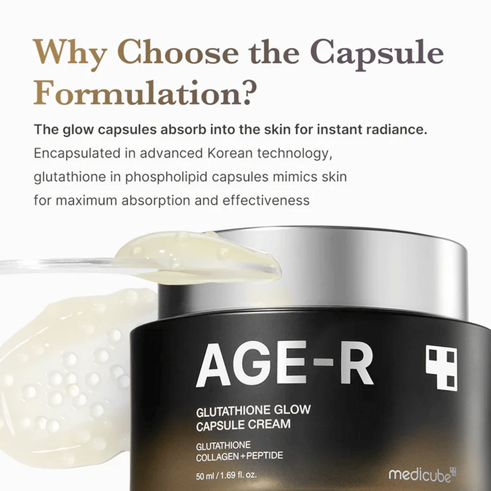 Medicube Age-R Glutathione Glow Capsule Cream is marketed with an explanation of the benefits of the capsule formulation. Glutathione capsules are quickly absorbed into the skin for instant radiance, thanks to advanced Korean technology that mimics the skin's own mechanisms for maximum effect.