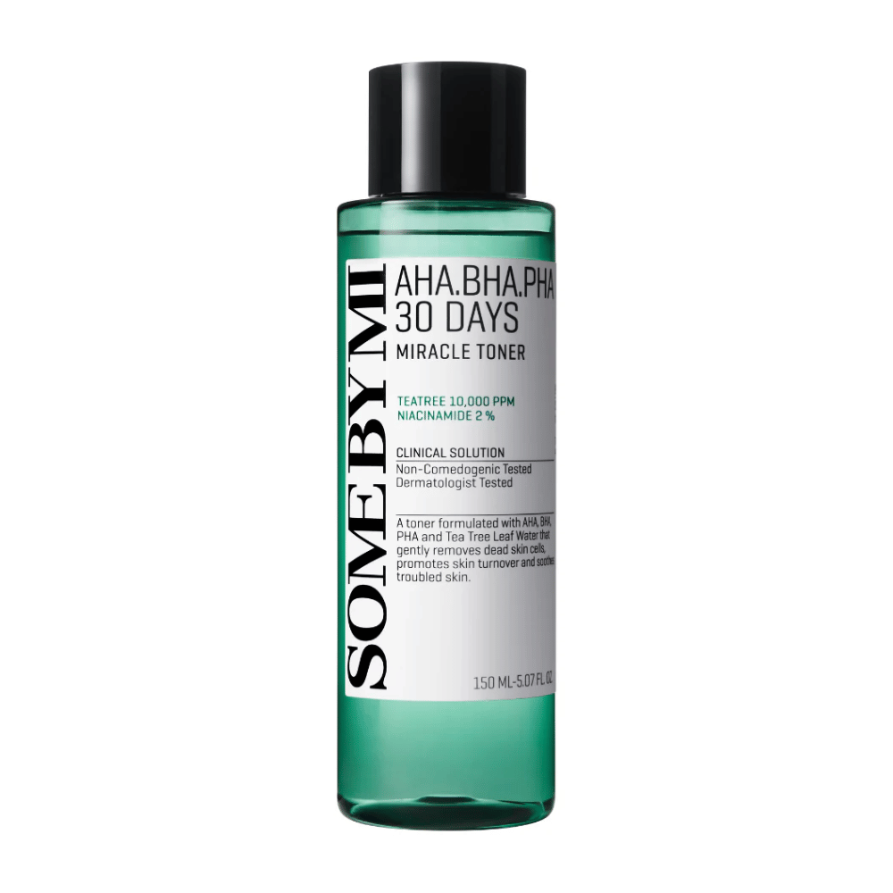 A green bottle of "SOME BY MI AHA, BHA, PHA 30 Days Miracle Toner" with 150 ml content. The product, containing tea tree extract and niacinamide, is designed to gently remove dead skin cells, promote skin renewal, and soothe problem skin.