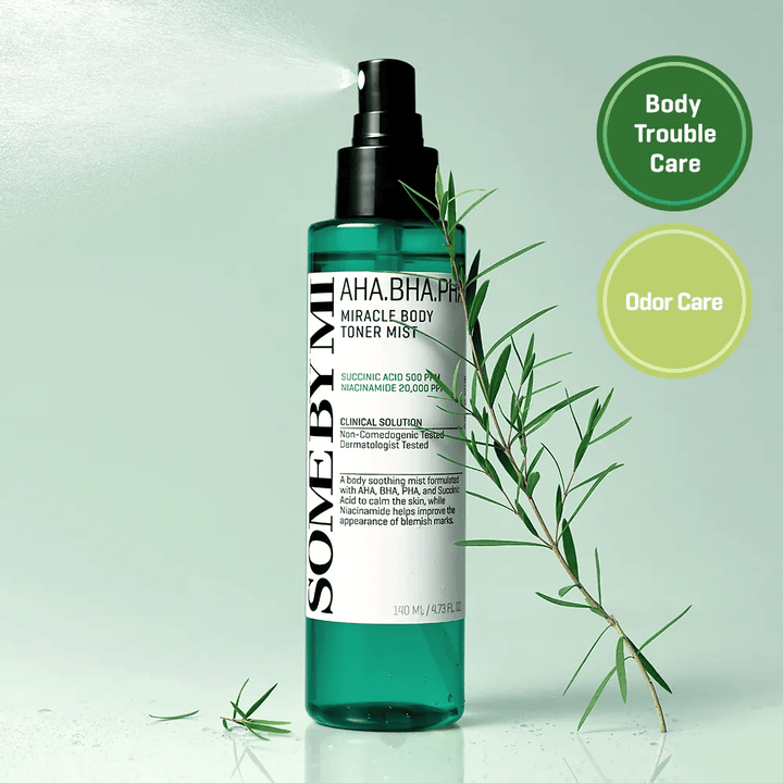 Some By Mi AHA BHA PHA Miracle Body Toner Mist – exfoliating body spray with AHA, BHA, and PHA that helps combat impurities, body acne, and improve skin texture.