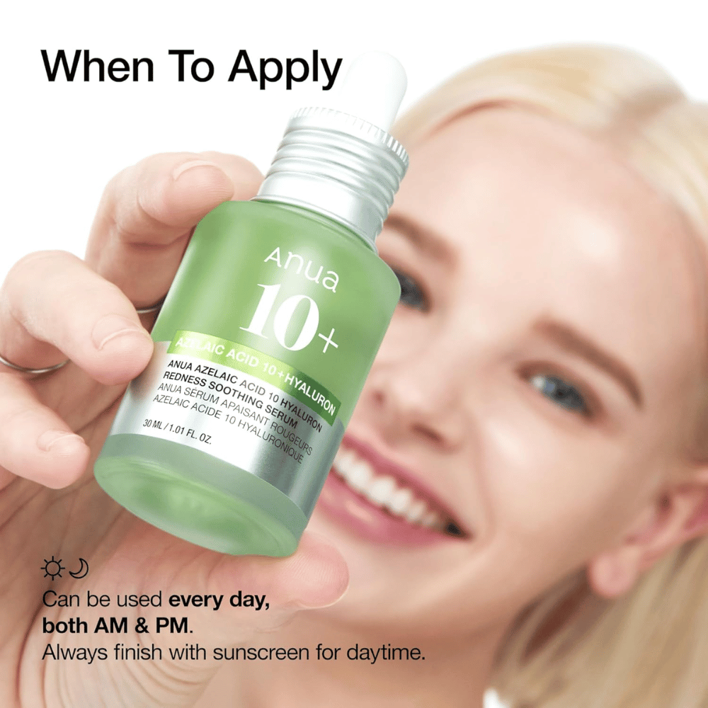 ANUA Azelaic Acid 10+ Hyaluron is a soothing serum that reduces redness and hydrates the skin. Perfect for daily use both morning and evening. Contains azelaic acid and hyaluronic acid to balance and strengthen the skin's barrier. Always use sunscreen during the day.