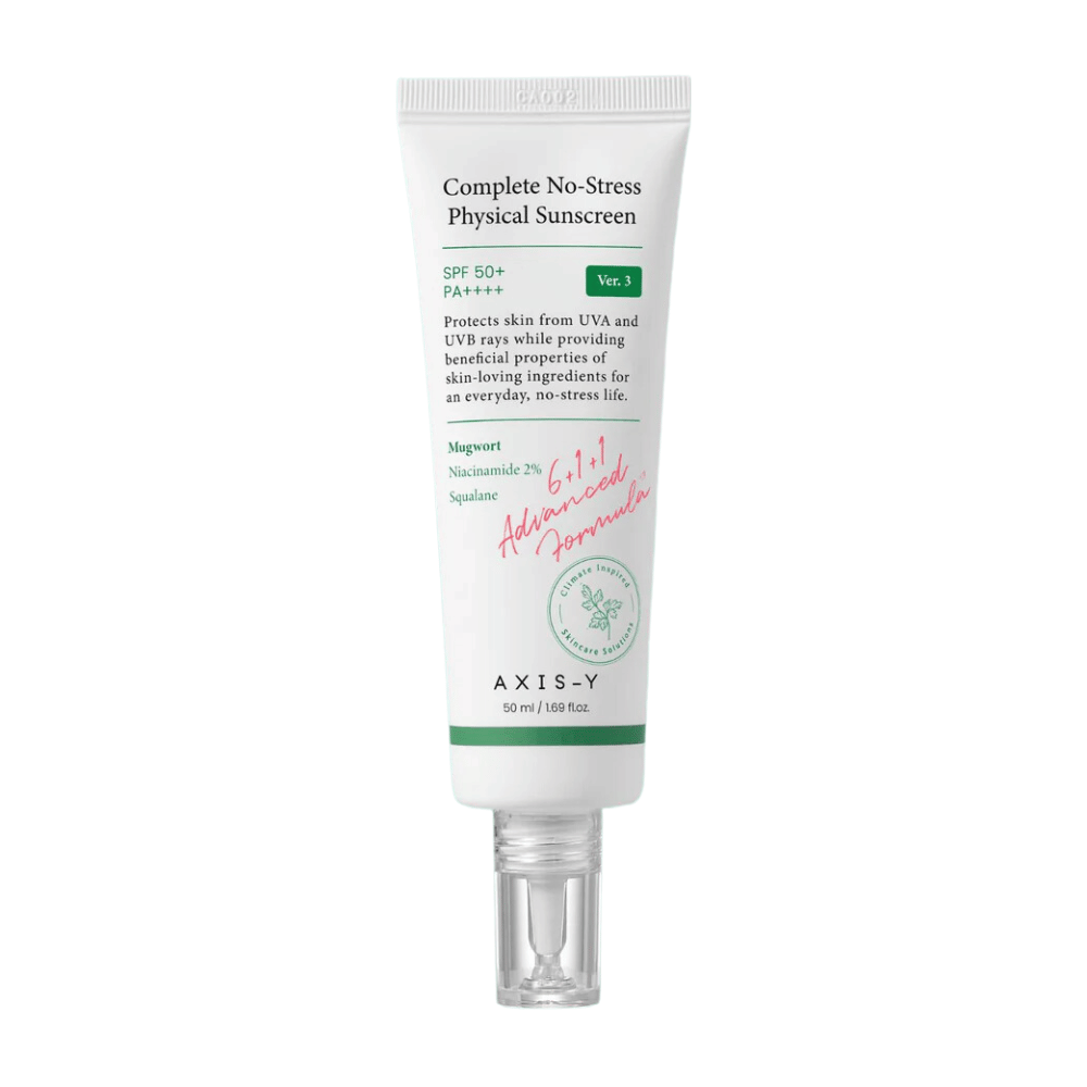 The product in the picture is "AXIS-Y Complete No-Stress Physical Sunscreen", version 3. It is a physical sunscreen with SPF 50+ and PA+++, which protects the skin from both UVA and UVB radiation.