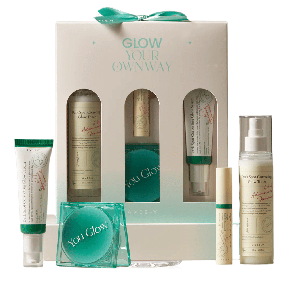 AXIS-Y Glow Your Own Way Beauty Box – a complete kit with vegan skincare that reduces pigmentation spots, hydrates, and adds radiance. Perfect for a more even skin tone!
