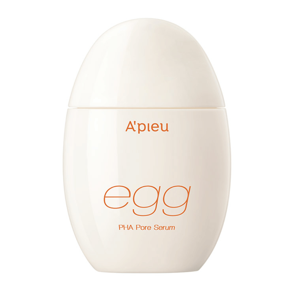 A’pieu Egg PHA Pore Serum in egg-shaped, beige packaging with orange text – a Korean serum that gently exfoliates and minimizes pores.