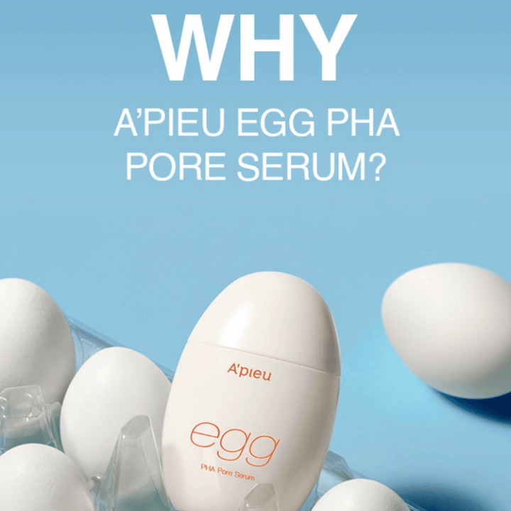 A’pieu Egg PHA Pore Serum i äggformad förpackning bland vita ägg i en äggkartong – ett koreanskt serum för förfinade porer och skonsam exfoliering.