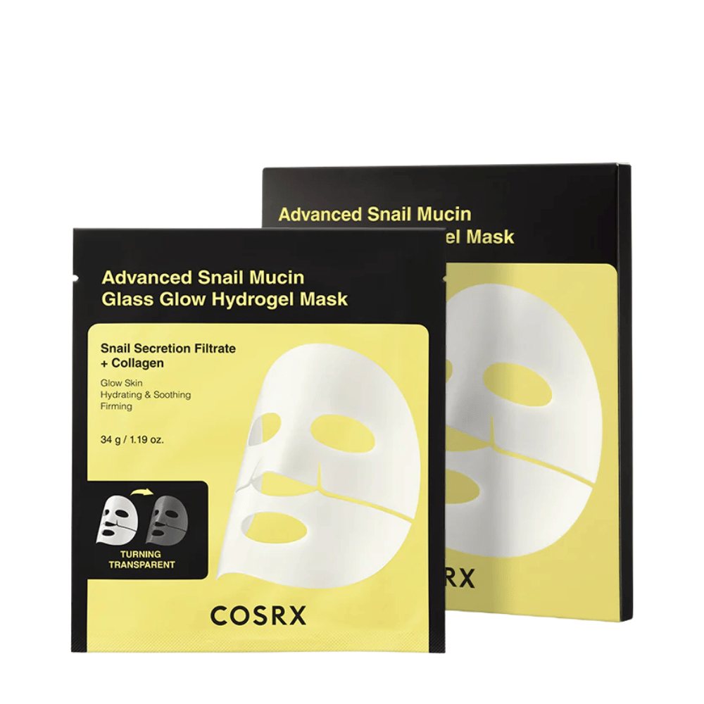 Packaging of COSRX Advanced Snail Mucin Glass Glow Hydrogel Mask – hydrating mask with snail secretion and collagen.