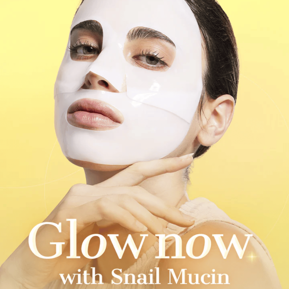 Woman with COSRX Advanced Snail Mucin Hydrogel Mask – provides glow, hydration, and firmer skin with snail slime and collagen.