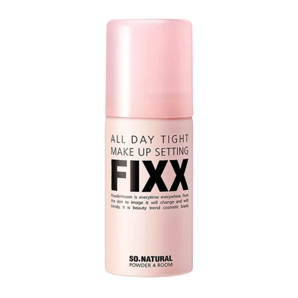 5. So Natural All Day Tight Make Up Setting Fixx – pink makeup setting spray against a white background