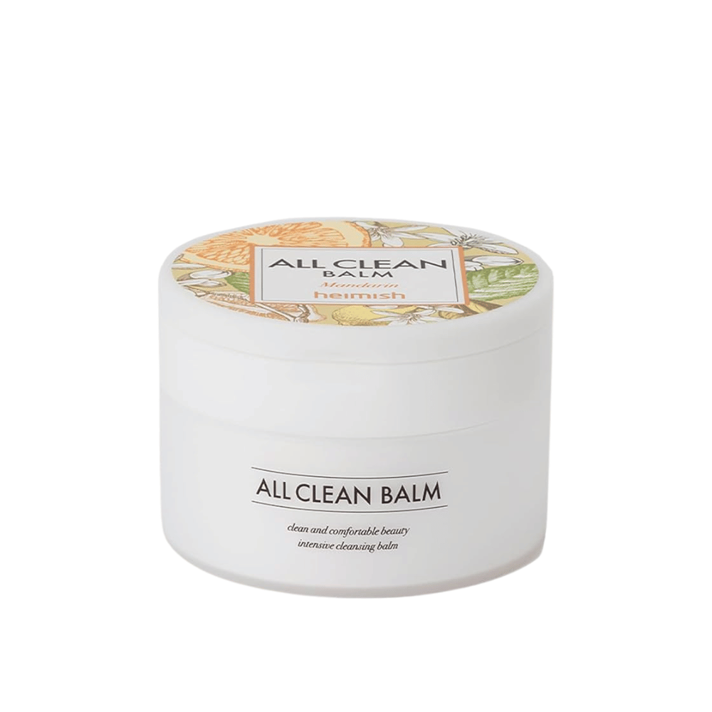 A jar of Heimish All Clean Balm with a mandarin scent, an intensive cleansing balm, with a colorful label and white packaging.