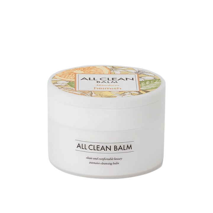 En burk av Heimish All Clean Balm med mandarin-doft, en intensiv rengöringsbalm, med en färgglad etikett och vit förpackning.