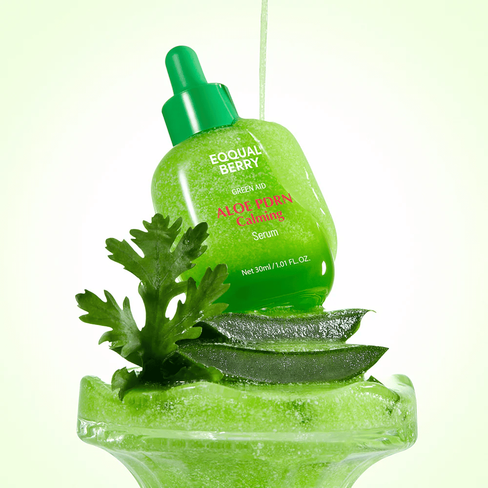 EQQUALBERRY Aloe PDRN Calming Serum placed on aloe – hydrating and soothing serum with PDRN for irritated and dry skin.