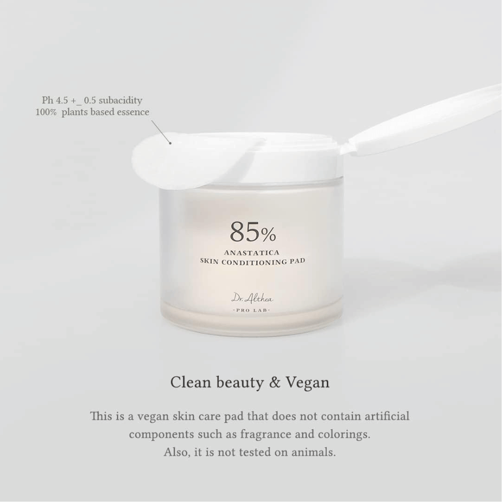Dr. Althea 85% Anastatica Skin Conditioning Pad are vegan toner pads without artificial fragrance or colorants, developed for sensitive skin.