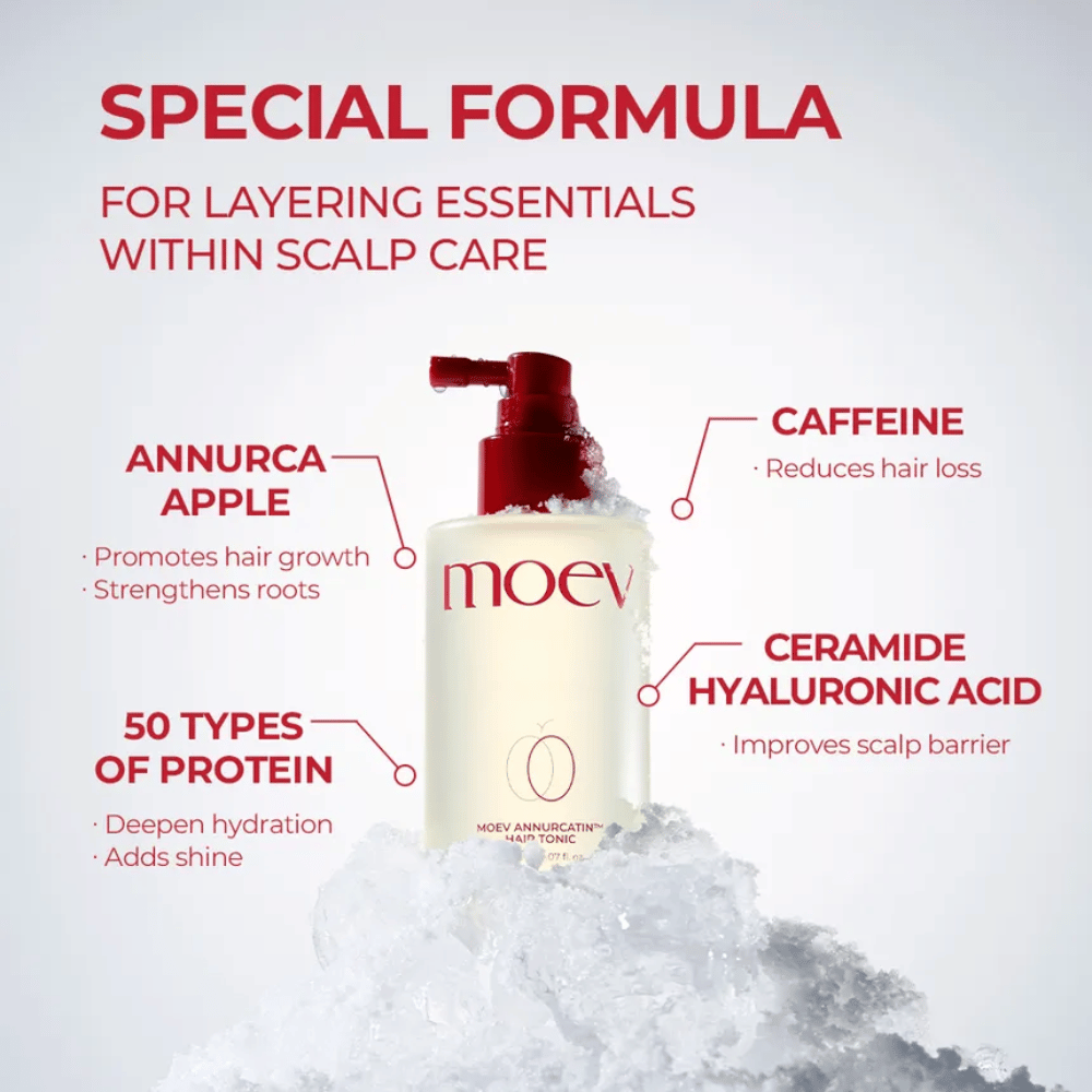 MOEV Annurcatin Hair Tonic – advanced formula with Annurca apple, caffeine, and hyaluronic acid that strengthens hair and scalp.