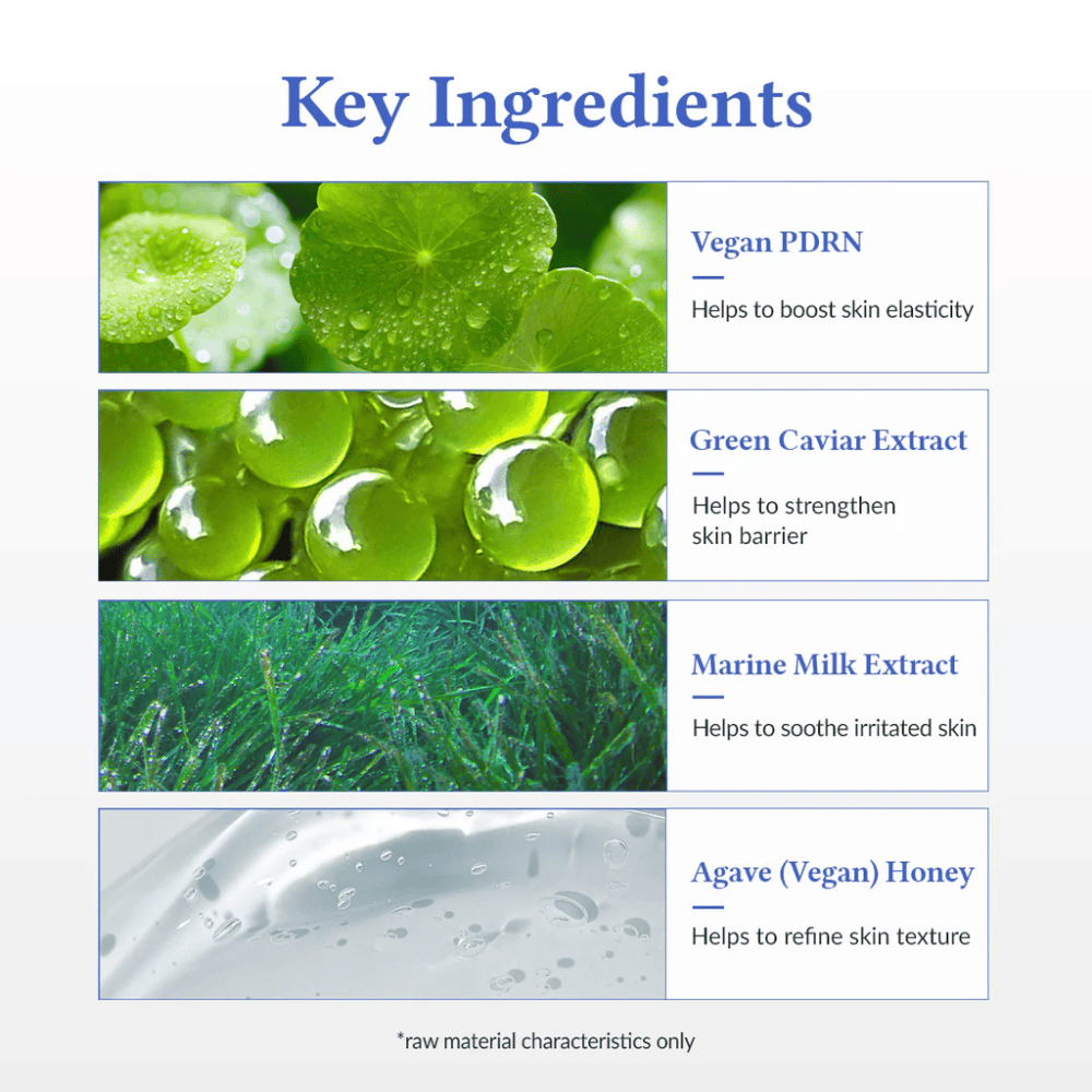 Key ingredients in Dr. Althea Aqua Marine Deep Serum – Vegan PDRN for elasticity, Green Caviar Extract that strengthens the skin barrier, Marine Milk Extract that soothes the skin, and Agave (vegan honey) for a smoother skin texture.