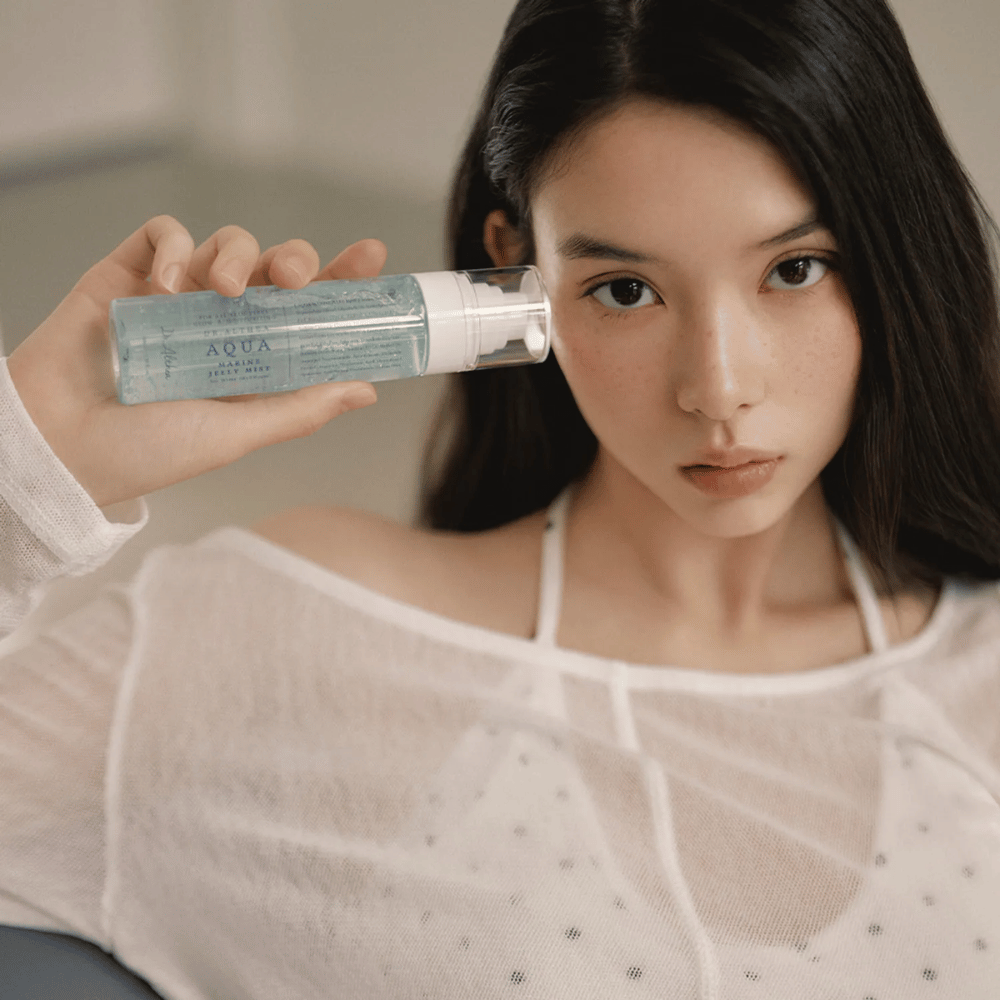 Dr. Althea Aqua Marine Jelly Mist used on the face for instant moisture, glow, and fresh skin