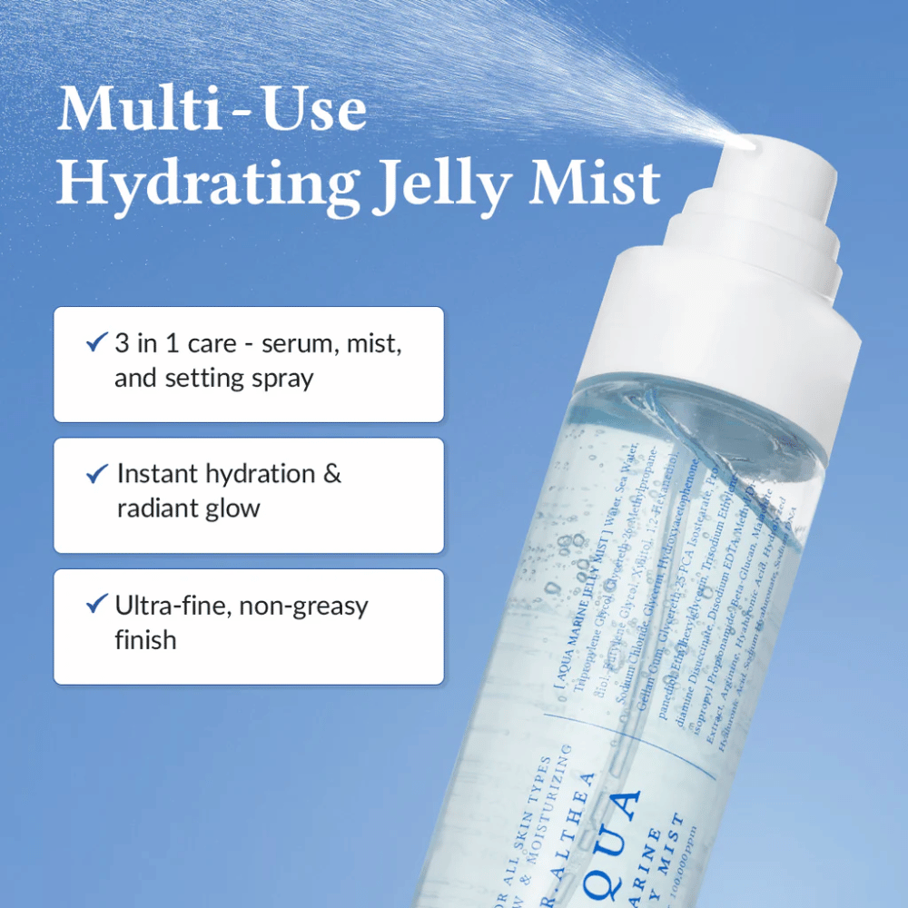 Dr. Althea Aqua Marine Jelly Mist as a multifunctional face spray for serum, mist, and setting spray in one