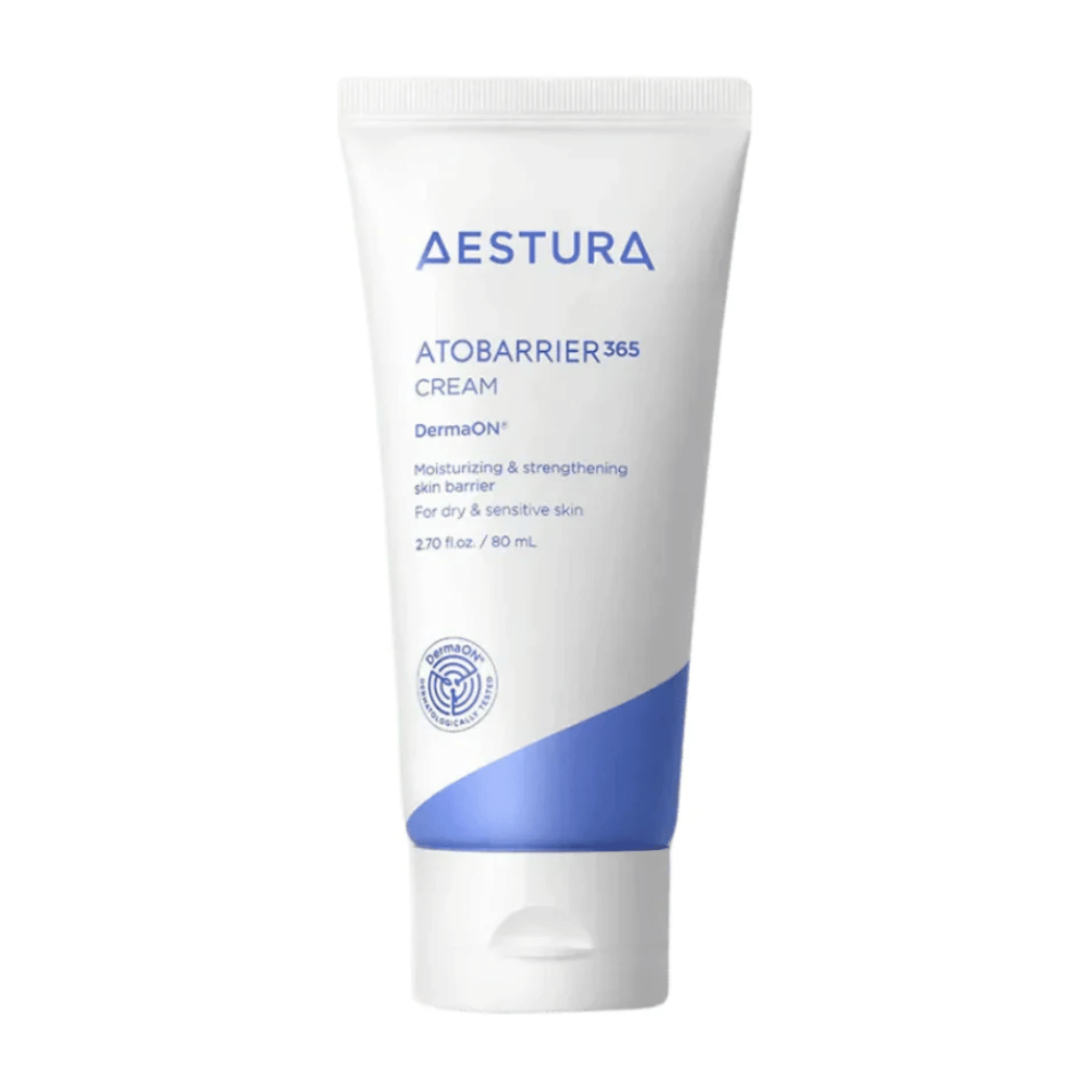 Aestura Atobarrier 365 Cream in an 80 ml tube. The cream is designed to moisturize and strengthen the skin barrier, especially for dry and sensitive skin. The product comes in a white tube with blue details and contains DermaON™ for optimal skincare.