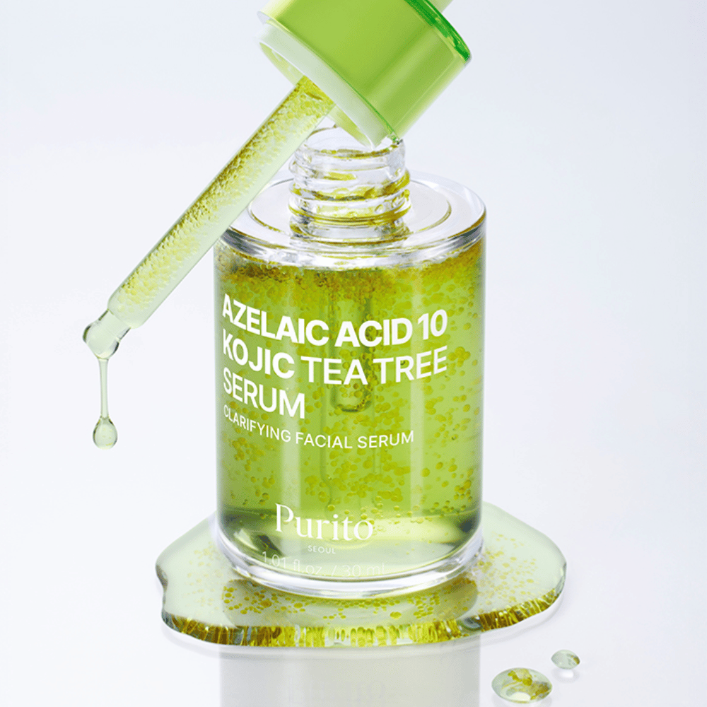 Close-up of Purito Azelaic Acid 10 Kojic Tea Tree Serum with pipette and drops. Provides clearer skin and reduces impurities.