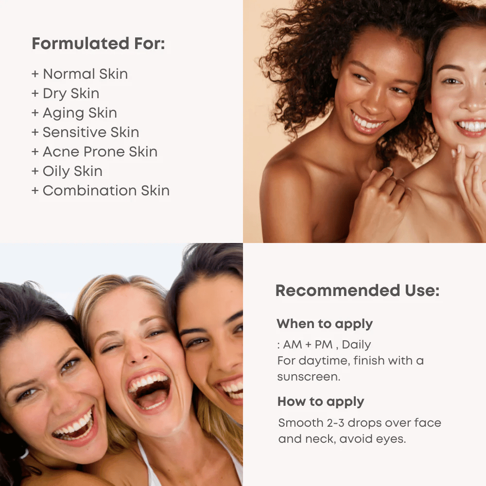 Product information for B-Boost 10% Niacinamide Serum, including usage recommendations and skin types.