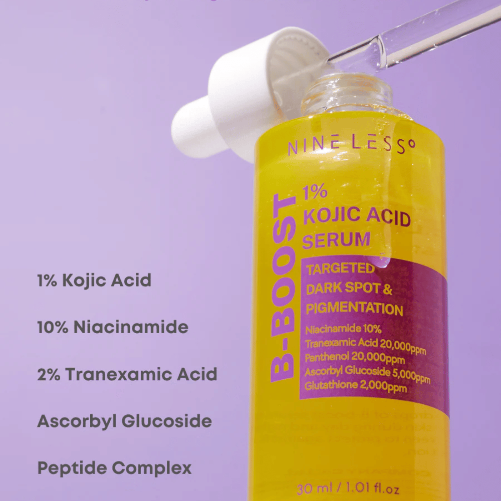 B-Boost 1% Kojic Acid Serum in bottles with pipette, for dark spots and pigmentation.