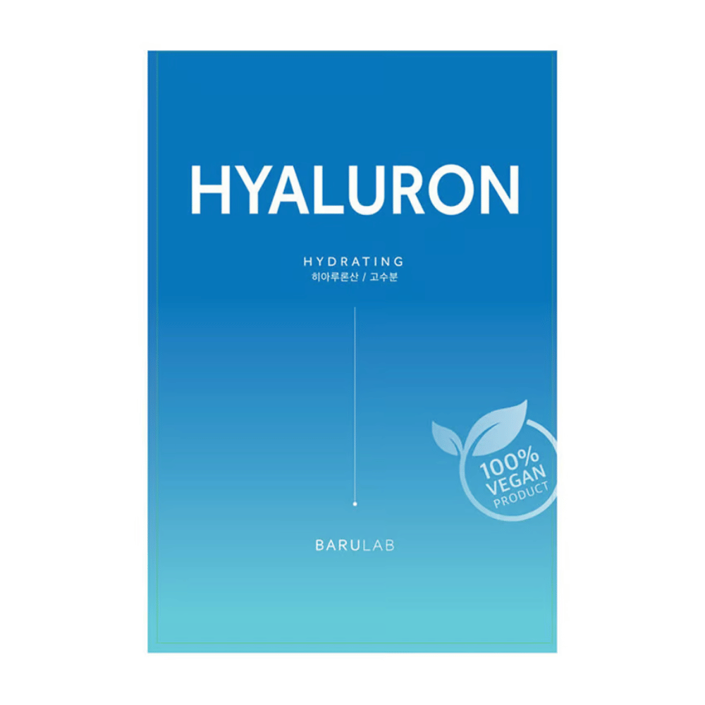 A package of BARULAB "HYALURON Hydrating" mask, labeled as "100% Vegan Product". The package has a color gradient from dark blue at the top to light blue at the bottom.