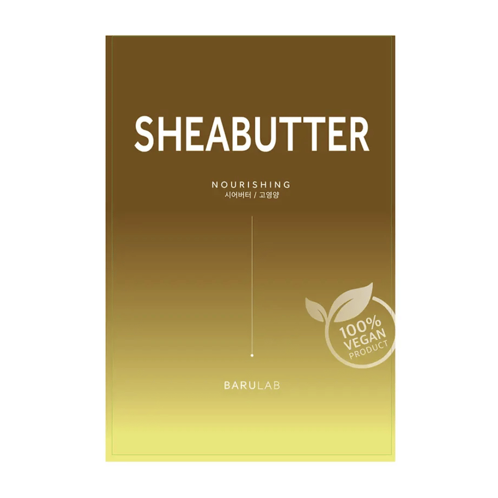 A package of BARULAB "SHEABUTTER Nourishing" mask, labeled as "100% Vegan Product". The package has a color gradient transitioning from dark golden brown at the top to light yellow at the bottom.