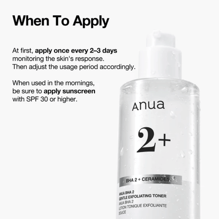 Anua BHA 2% Gentle Exfoliating Toner with ceramides – usage instructions, exfoliating toner for sensitive skin with BHA (salicylic acid)