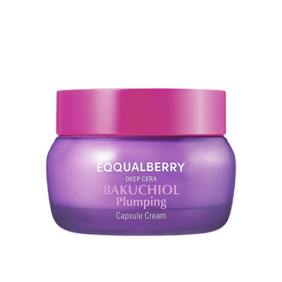 Produktbild av EQQUALBERRY Bakuchiol Plumping Capsule Cream i lila burk med rosa lock – intensiv återfuktning och anti-age-effekt.