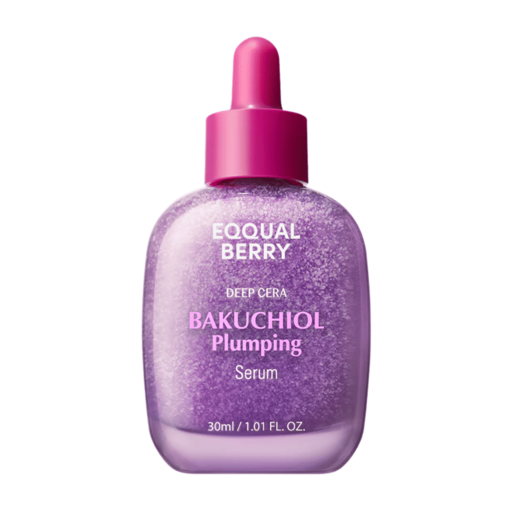 Equal Berry Bakuchiol Plumping Serum in a purple shimmering bottle with a pink pipette. Hydrating and firming serum for radiant skin.