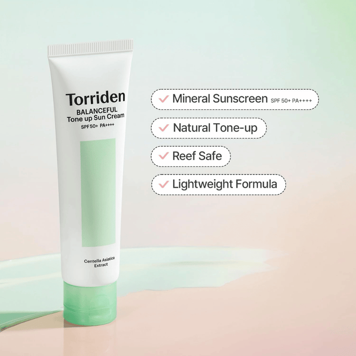 Torriden Balanceful Tone Up Sun Cream SPF50+ PA++++ presented with a focus on mineral-based sun protection, a natural tone-up effect, a reef-safe formula, and a lightweight texture.