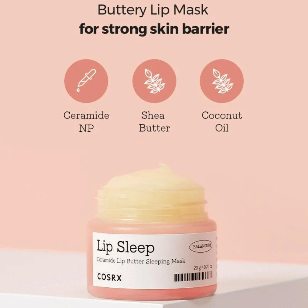 COSRX Lip Sleep with text about ingredients: ceramide NP, shea butter, and coconut oil – a buttery night mask that strengthens the lips' protective barrier.
