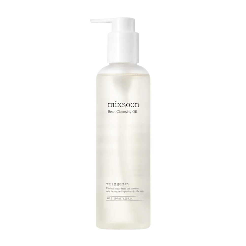 A transparent bottle with a white pump and label showing the text "mixsoon Bean Cleansing Oil". The bottle contains a light, almost opaque liquid and has a clean, minimalist design. The label indicates that it is a cleansing oil and also states the volume as 195 ml. The background is completely white, emphasizing the product's simplicity and purity.