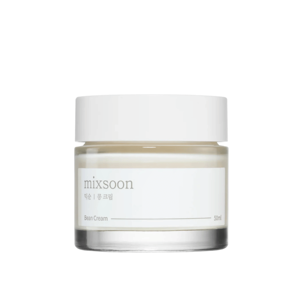 A jar with a white lid and label displaying the text "mixsoon 팥 크림" and "Bean Cream" as well as the volume indication "50ml". The jar is partially transparent and contains a white cream. The design is simple and modern with a clean white background that accentuates the product.