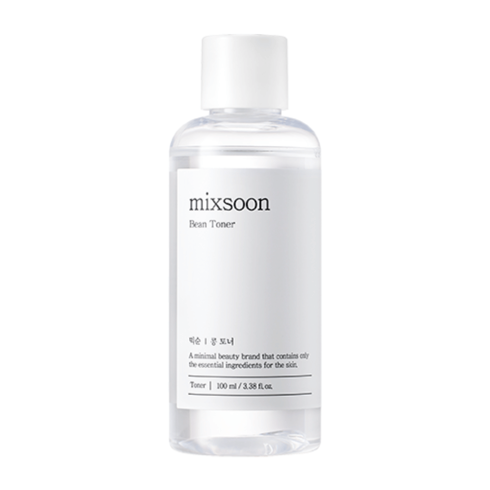 A transparent plastic bottle with a white cap and white label bearing the text "mixsoon Bean Toner". Under the brand name, there is a description in Korean and the text "A minimal beauty brand that contains only the essential ingredients for the skin". The product is a toner and contains 100 ml / 3.38 fl oz. The bottle and label have a clean and minimalist design and are photographed against a completely white background.