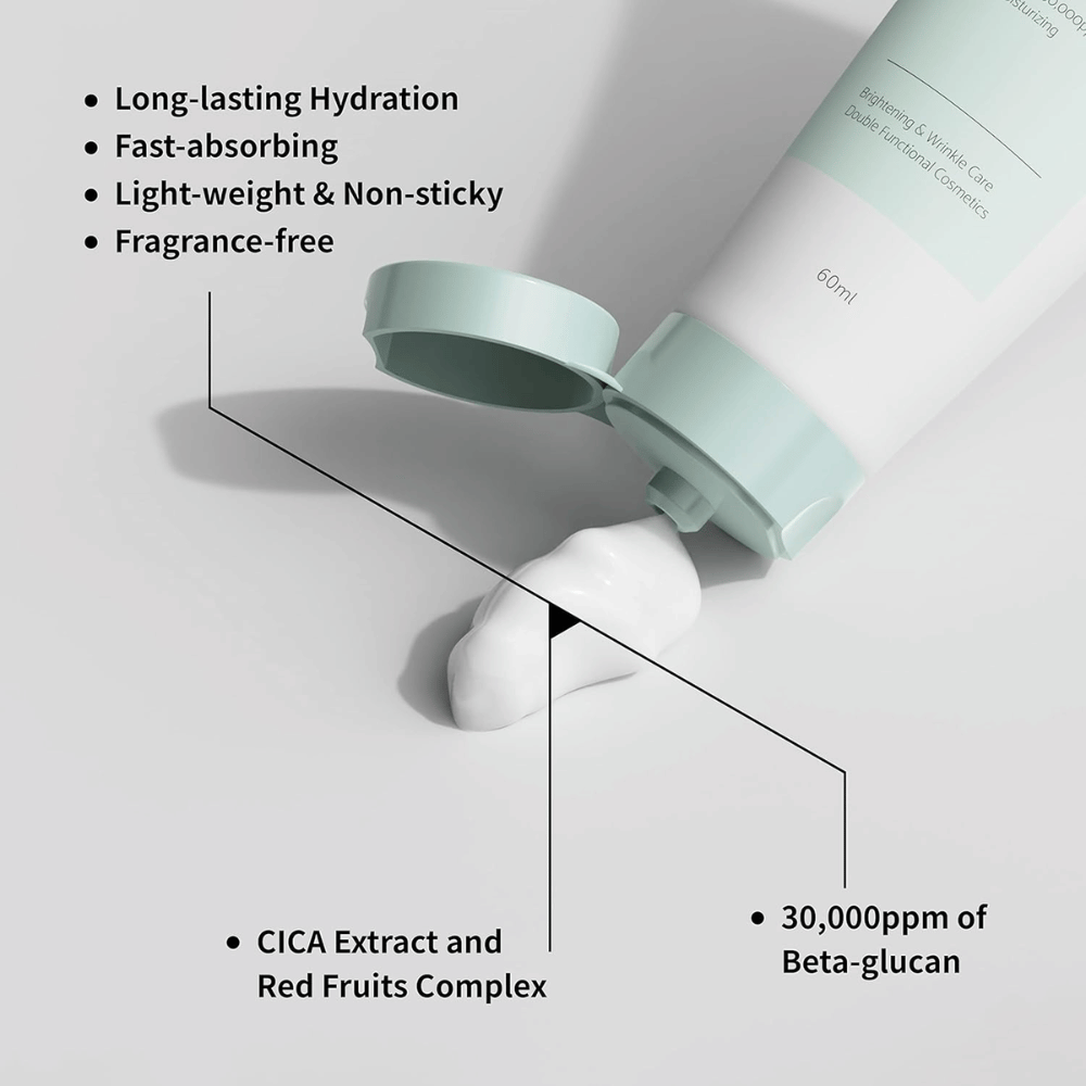 Close-up of iUNIK Beta-Glucan Daily Moisture Cream with the cream being squeezed out of the tube. The image highlights the product’s light texture and key properties such as long-lasting hydration, quick absorption, a non-sticky feel, fragrance-free formula, beta-glucan, and soothing ingredients like CICA extract.