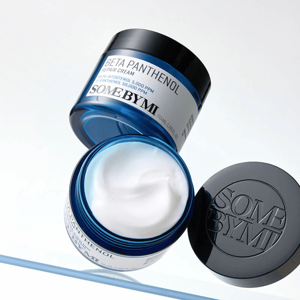 Open jar with SOME BY MI Beta Panthenol Repair Cream – rich, soft formula for skin repair and moisture balance.